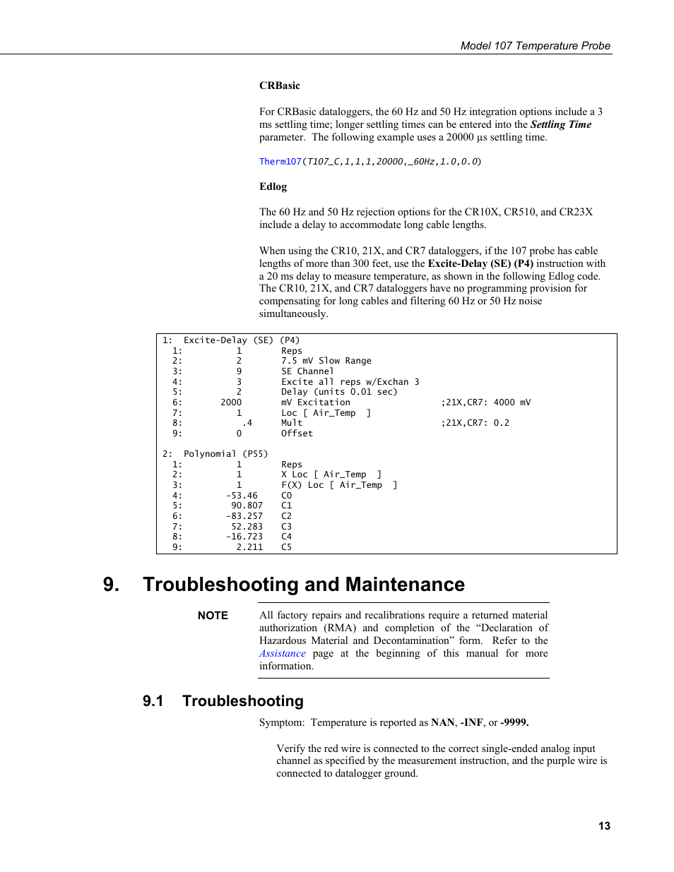 Troubleshooting and maintenance, 1 troubleshooting, Troubleshooting | Campbell Scientific 107-L Temperature Probe User Manual | Page 19 / 28