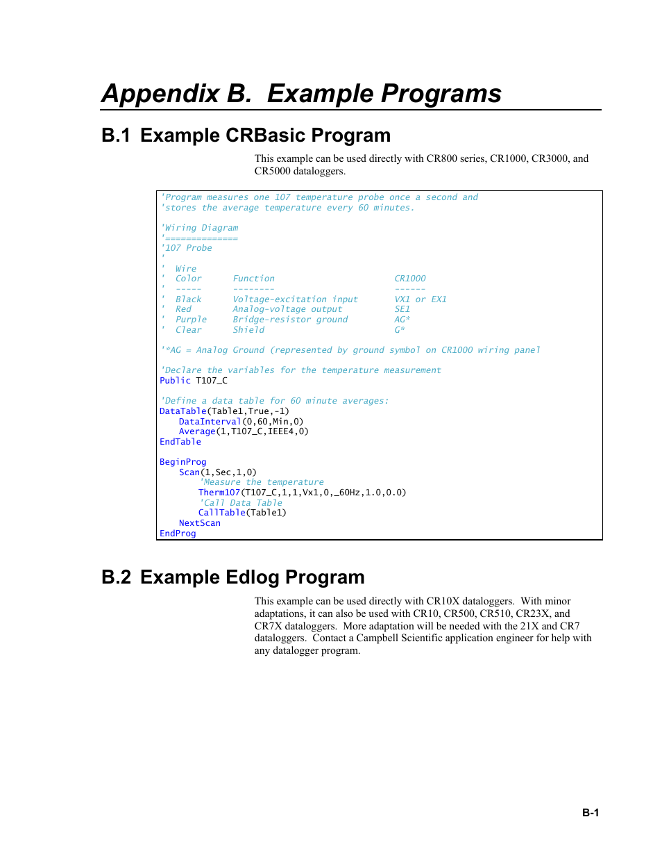 Appendix b. example programs, B.1 example crbasic program, B.2 example edlog program | N appendix b | Campbell Scientific 107-L Temperature Probe User Manual | Page 23 / 28