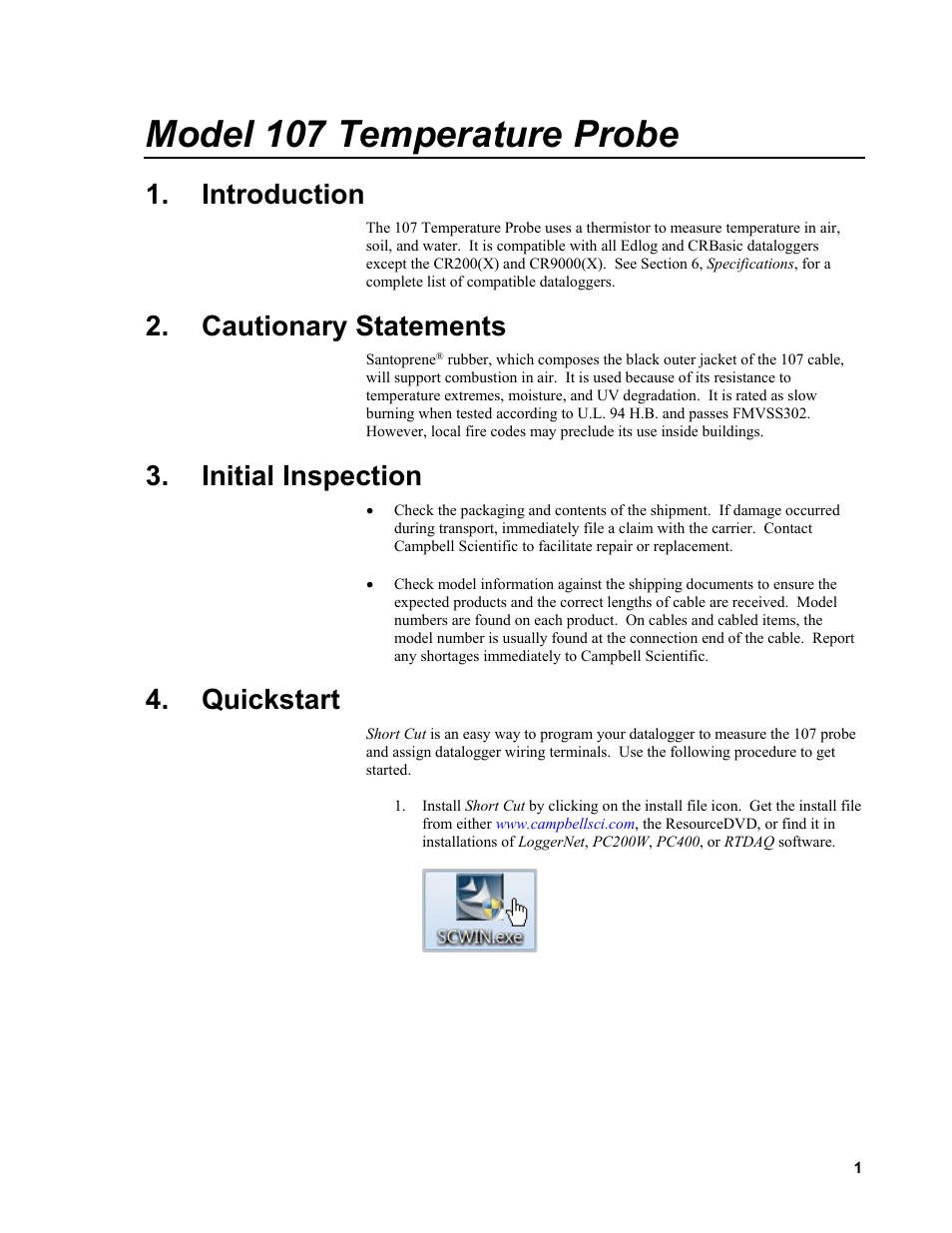 Introduction, Cautionary statements, Initial inspection | Quickstart, Model 107 temperature probe | Campbell Scientific 107-L Temperature Probe User Manual | Page 7 / 28