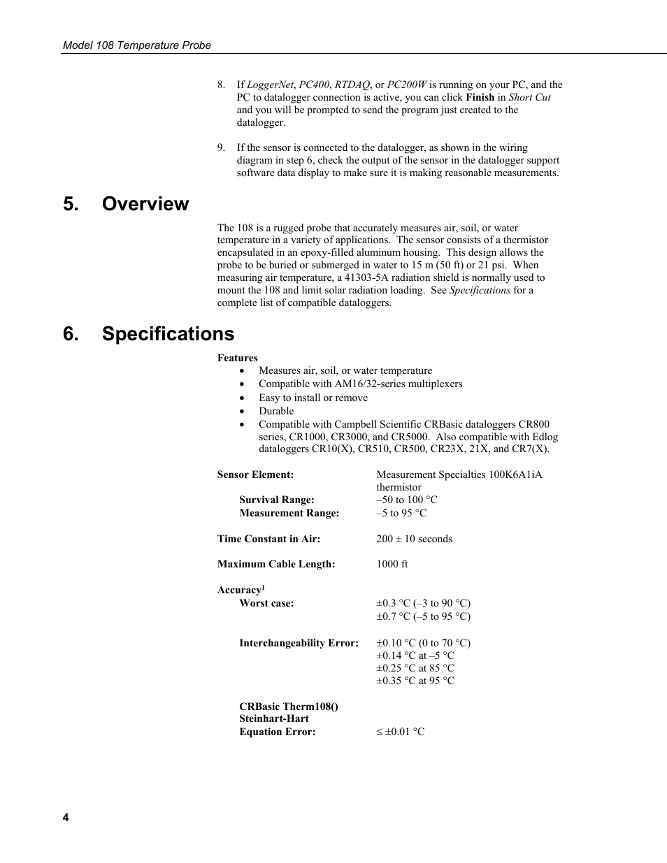 Overview, Specifications | Campbell Scientific 108-L Temperature Probe User Manual | Page 10 / 30