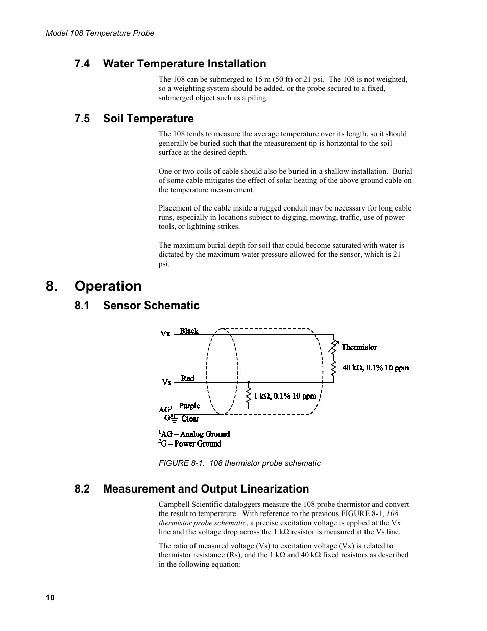 4 water temperature installation, 5 soil temperature, Operation | 1 sensor schematic, 2 measurement and output linearization, Water temperature installation, Soil temperature, Sensor schematic, Measurement and output linearization, 1. 108 thermistor probe schematic | Campbell Scientific 108-L Temperature Probe User Manual | Page 16 / 30
