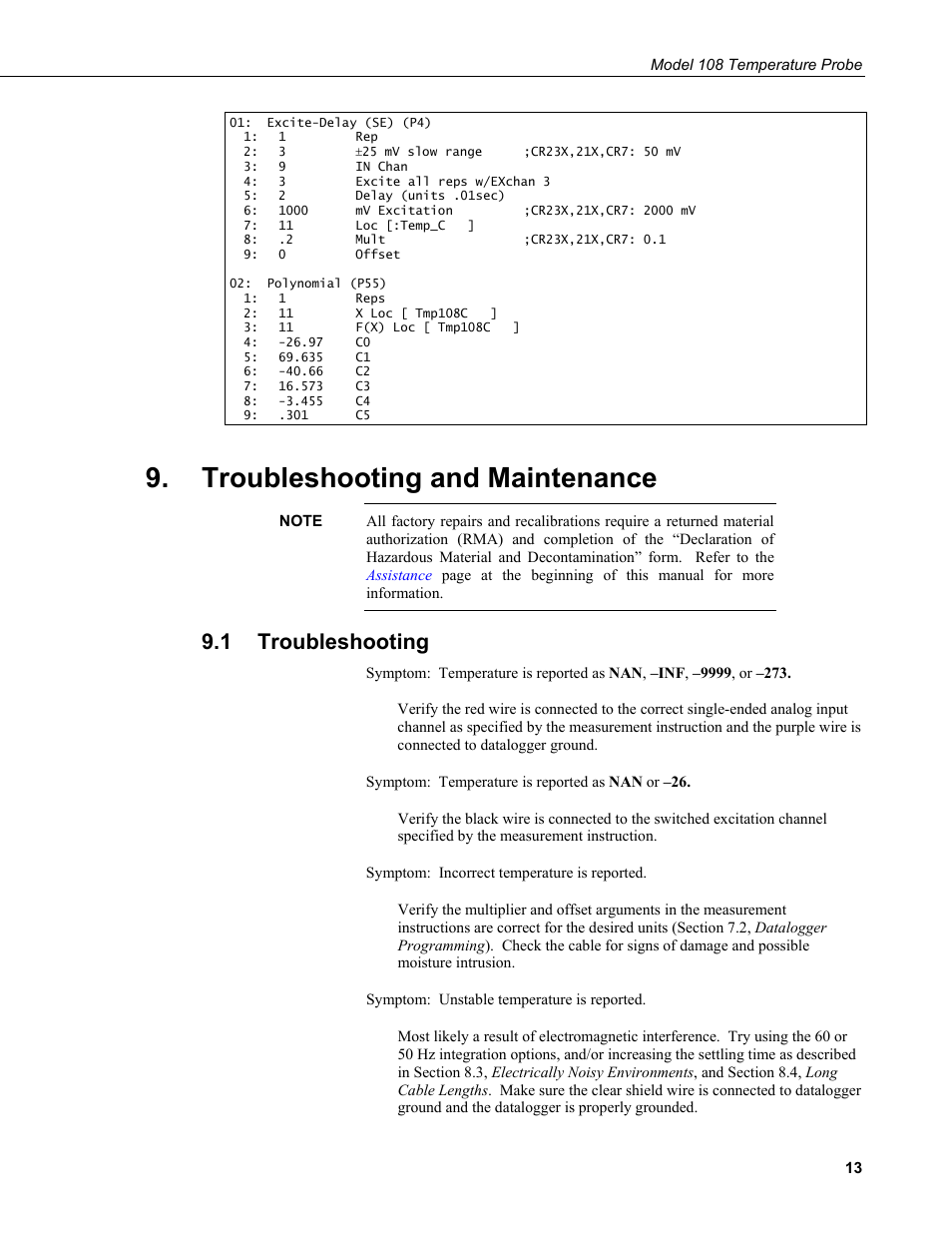 Troubleshooting and maintenance, 1 troubleshooting, Troubleshooting | Campbell Scientific 108-L Temperature Probe User Manual | Page 19 / 30