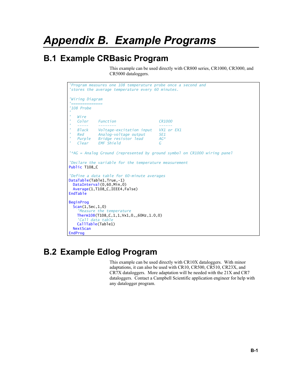 Appendix b. example programs, B.1 example crbasic program, B.2 example edlog program | Appendix b | Campbell Scientific 108-L Temperature Probe User Manual | Page 23 / 30