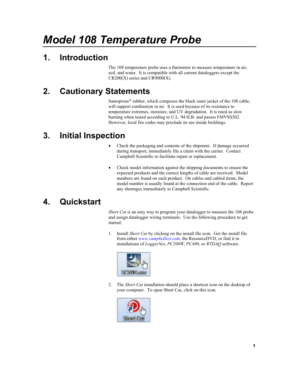 Introduction, Cautionary statements, Initial inspection | Quickstart, Model 108 temperature probe | Campbell Scientific 108-L Temperature Probe User Manual | Page 7 / 30