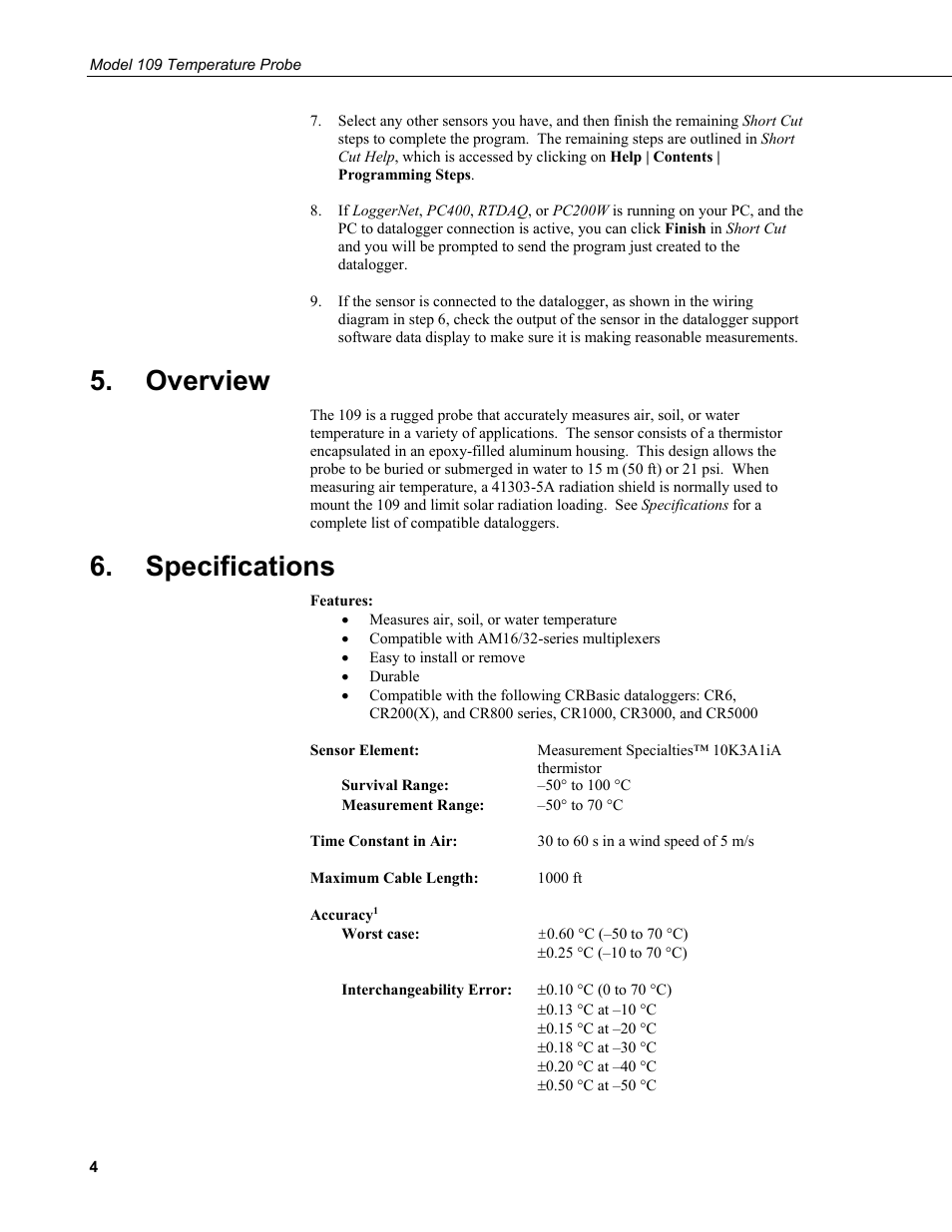 Overview, Specifications | Campbell Scientific 109-L Temperature Probe User Manual | Page 12 / 30