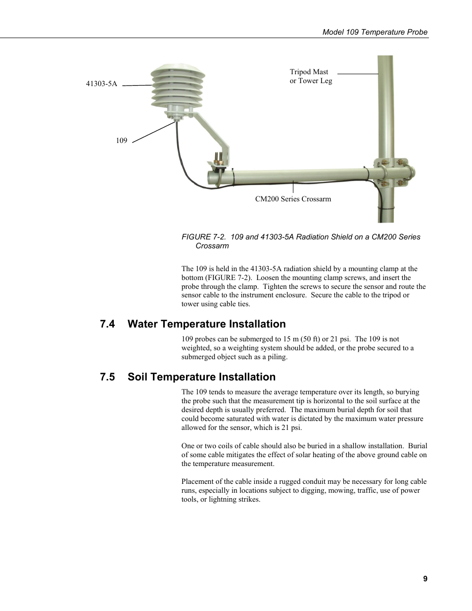 4 water temperature installation, 5 soil temperature installation, Water temperature installation | Soil temperature installation | Campbell Scientific 109-L Temperature Probe User Manual | Page 17 / 30