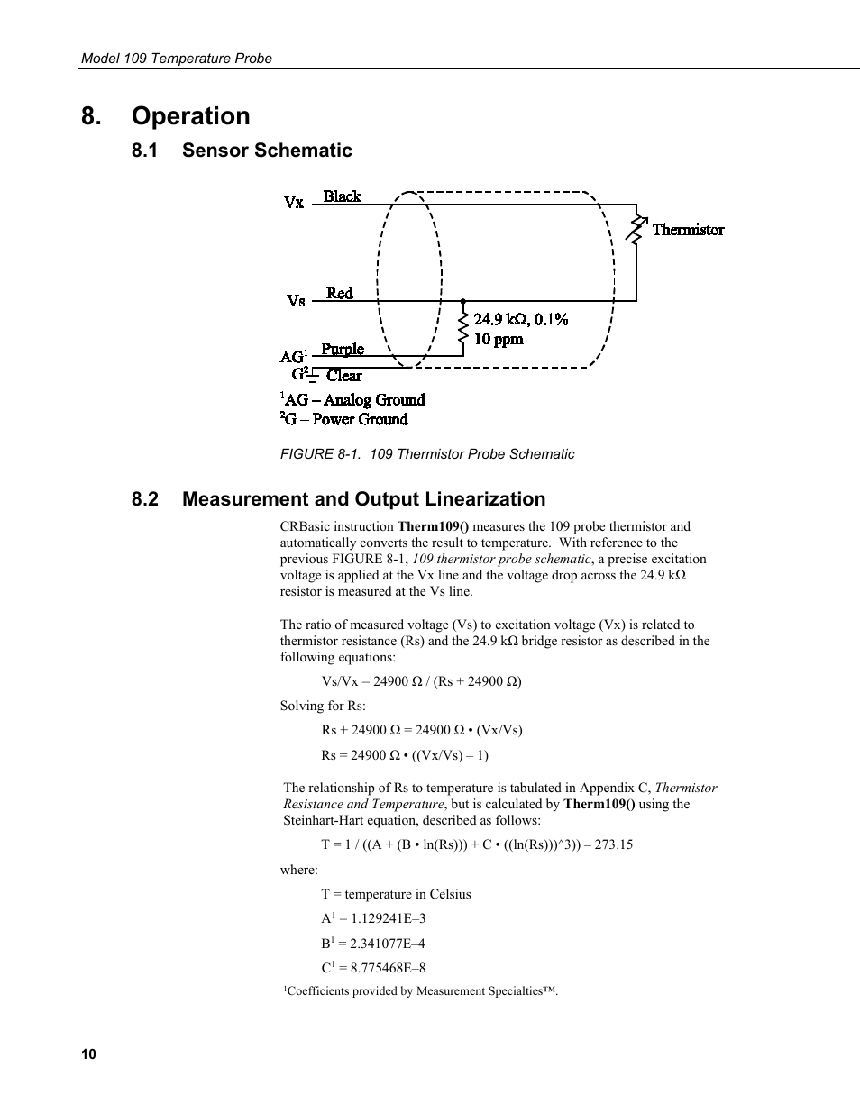 Operation, 1 sensor schematic, 2 measurement and output linearization | Sensor schematic, Measurement and output linearization, 1. 109 thermistor probe schematic, N 8.2 | Campbell Scientific 109-L Temperature Probe User Manual | Page 18 / 30