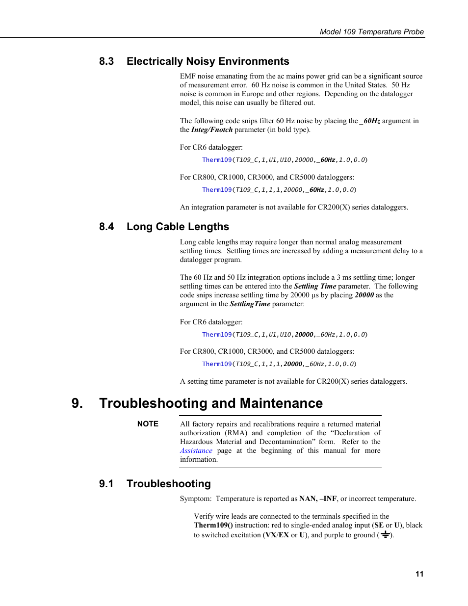 3 electrically noisy environments, 4 long cable lengths, Troubleshooting and maintenance | 1 troubleshooting, Electrically noisy environments, Long cable lengths, Troubleshooting | Campbell Scientific 109-L Temperature Probe User Manual | Page 19 / 30