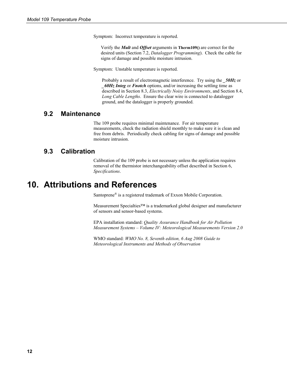 2 maintenance, 3 calibration, Attributions and references | Maintenance, Calibration | Campbell Scientific 109-L Temperature Probe User Manual | Page 20 / 30