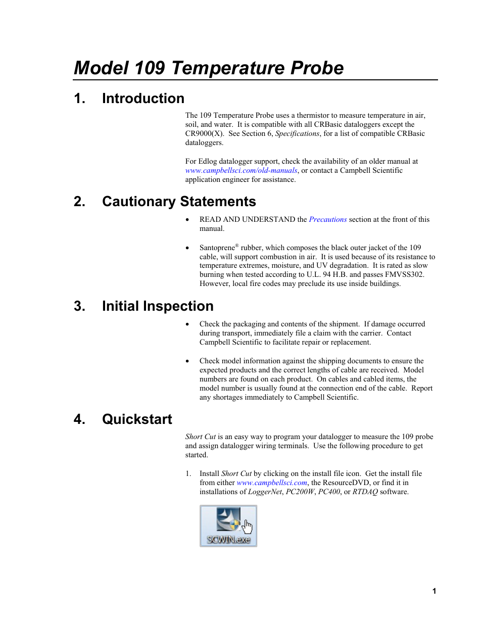 Introduction, Cautionary statements, Initial inspection | Quickstart, Model 109 temperature probe | Campbell Scientific 109-L Temperature Probe User Manual | Page 9 / 30