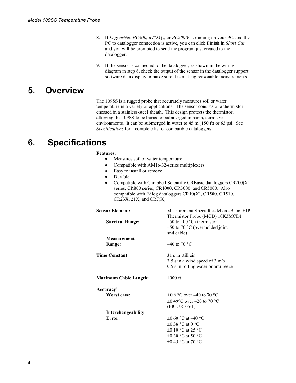 Overview, Specifications | Campbell Scientific 109SS Temperature Probe User Manual | Page 10 / 32