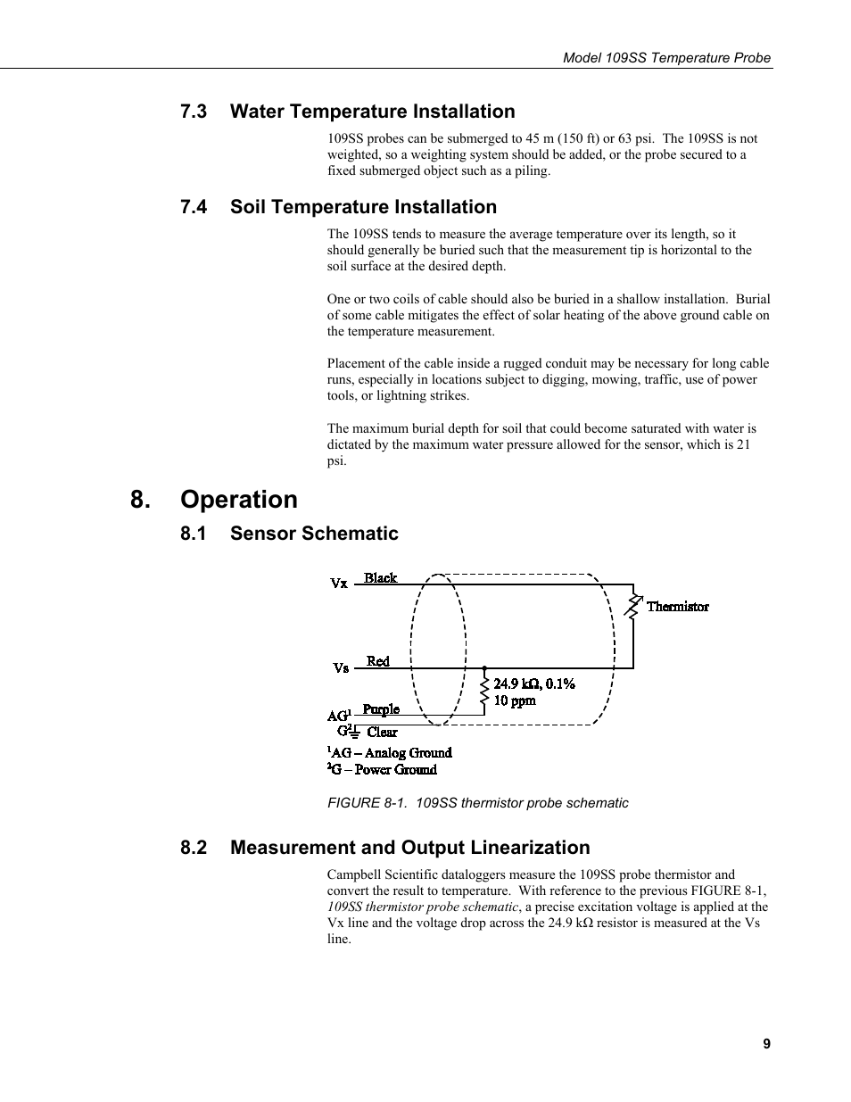 3 water temperature installation, 4 soil temperature installation, Operation | 1 sensor schematic, 2 measurement and output linearization, Water temperature installation, Soil temperature installation, Sensor schematic, Measurement and output linearization, 1. 109ss thermistor probe schematic | Campbell Scientific 109SS Temperature Probe User Manual | Page 15 / 32