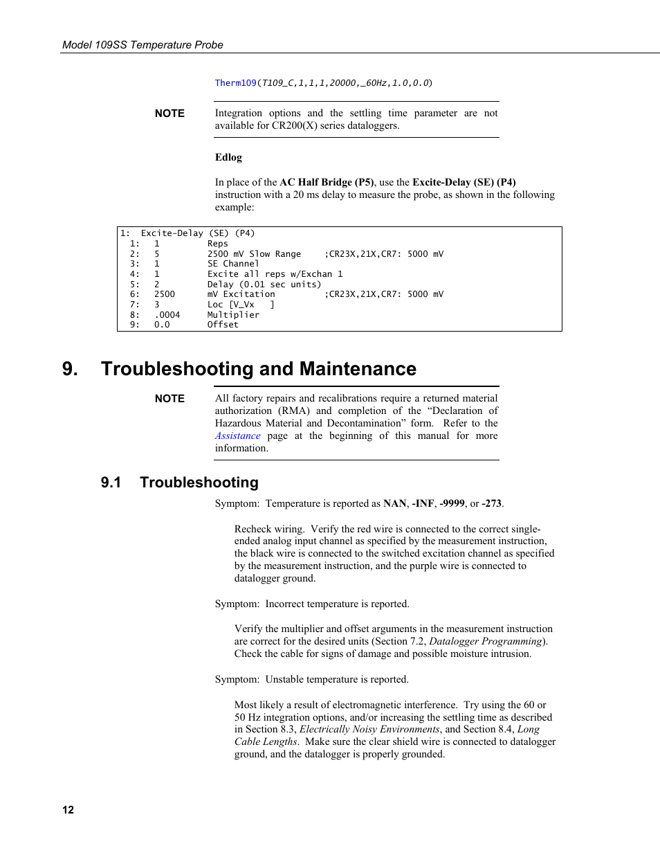 Troubleshooting and maintenance, 1 troubleshooting, Troubleshooting | Campbell Scientific 109SS Temperature Probe User Manual | Page 18 / 32