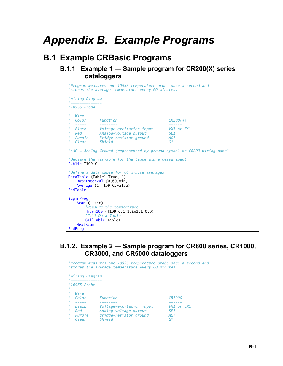 Appendix b. example programs, B.1 example crbasic programs, B.1.1 | Example 1 — sample program for cr200(x) series, B.1.2, Appendix b | Campbell Scientific 109SS Temperature Probe User Manual | Page 23 / 32
