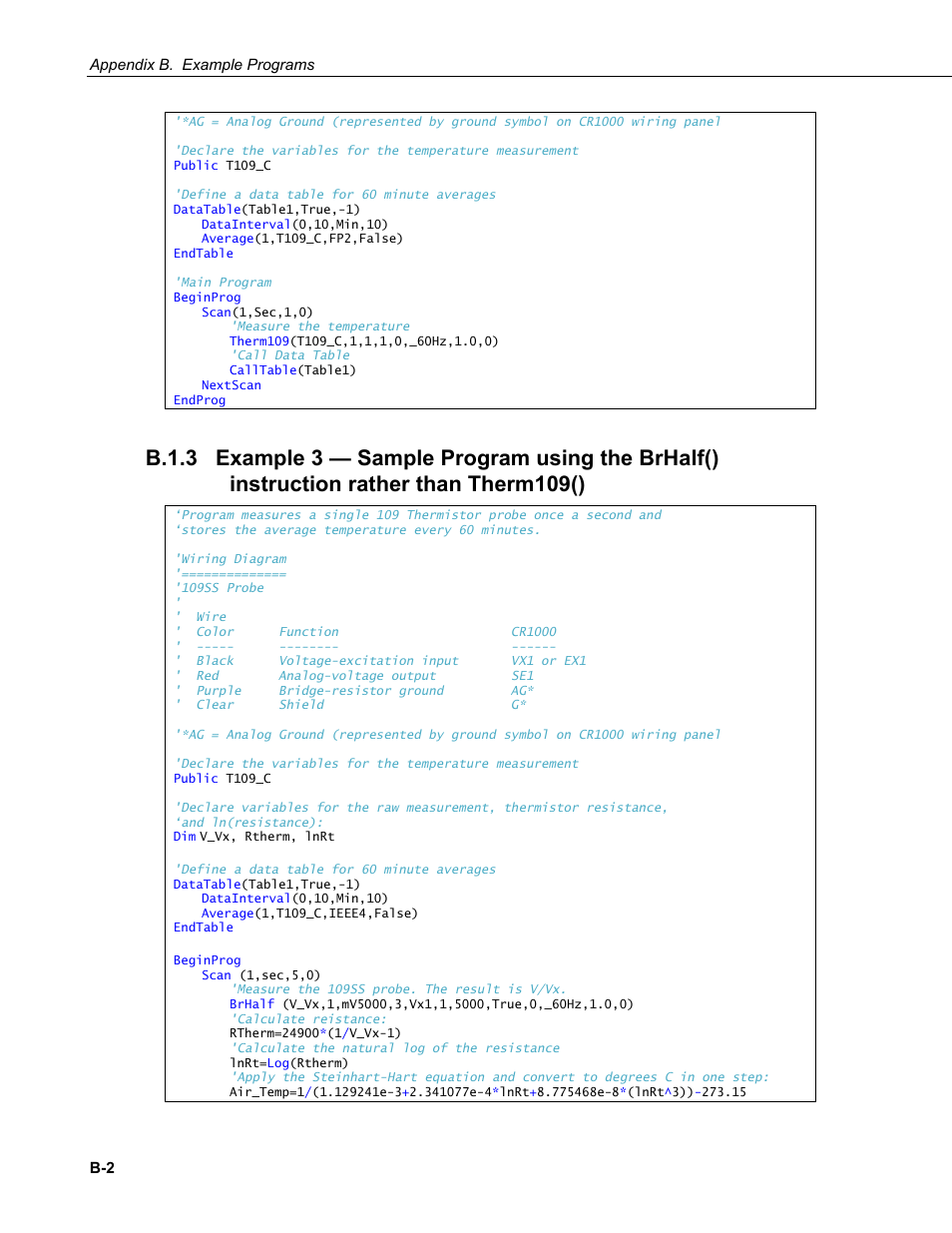 B.1.3, Example 3 — sample program using the brhalf() | Campbell Scientific 109SS Temperature Probe User Manual | Page 24 / 32