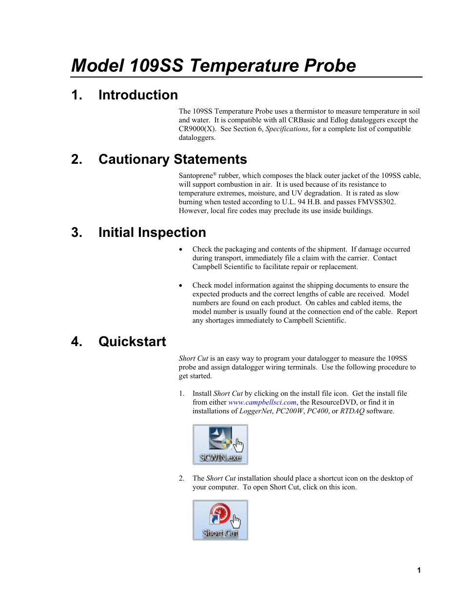 Introduction, Cautionary statements, Initial inspection | Quickstart, Model 109ss temperature probe | Campbell Scientific 109SS Temperature Probe User Manual | Page 7 / 32
