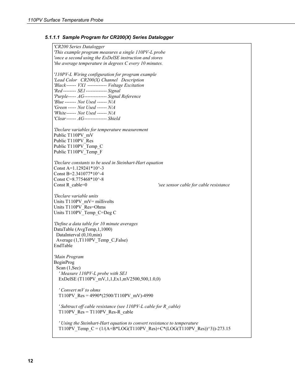 1 sample program for cr200(x) series datalogger | Campbell Scientific 110PV Surface Temperature Probe User Manual | Page 18 / 32