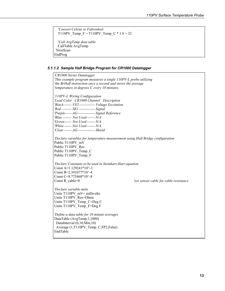 2 sample half bridge program for cr1000 datalogger | Campbell Scientific 110PV Surface Temperature Probe User Manual | Page 19 / 32