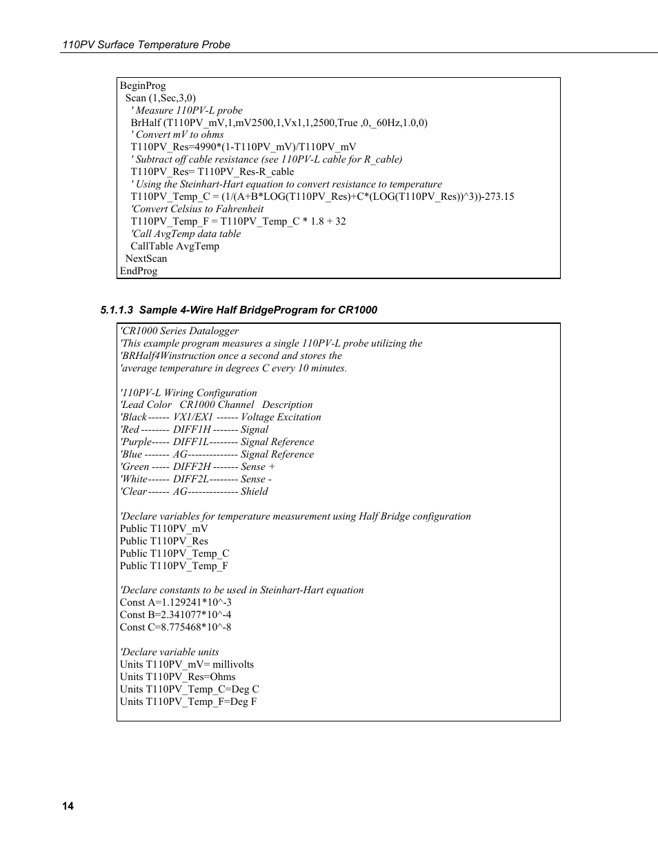 3 sample 4-wire half bridgeprogram for cr1000 | Campbell Scientific 110PV Surface Temperature Probe User Manual | Page 20 / 32