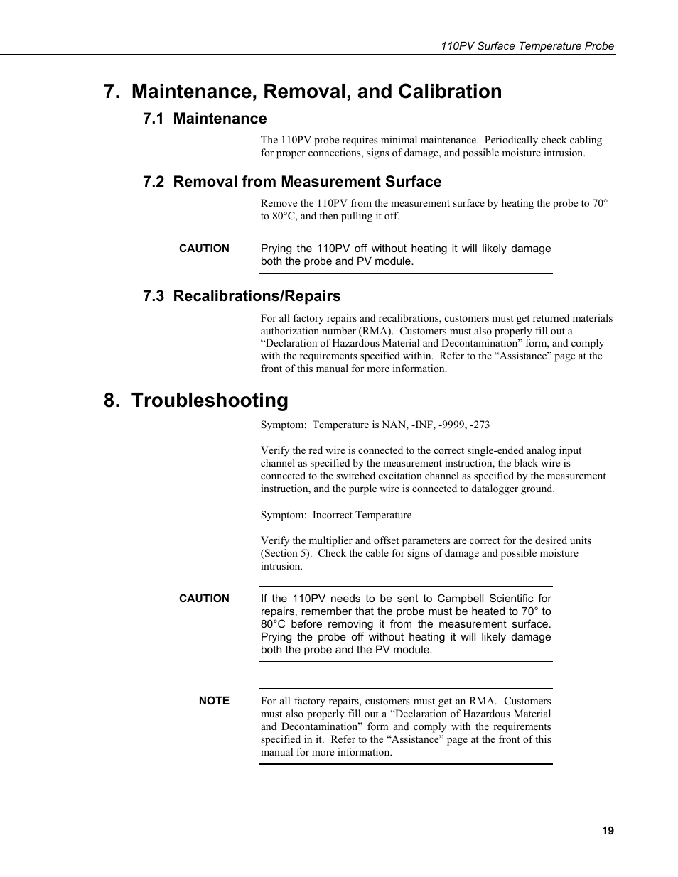 Maintenance, removal, and calibration, 1 maintenance, 2 removal from measurement surface | 3 recalibrations/repairs, Troubleshooting | Campbell Scientific 110PV Surface Temperature Probe User Manual | Page 25 / 32