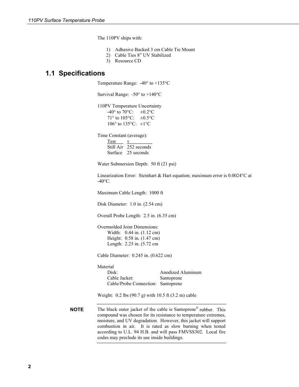 1 specifications | Campbell Scientific 110PV Surface Temperature Probe User Manual | Page 8 / 32