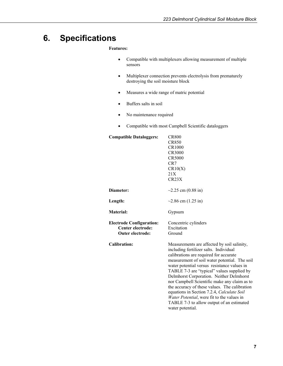 Specifications | Campbell Scientific 223-L Delmhorst Cylindrical Soil Moisture Block User Manual | Page 13 / 28