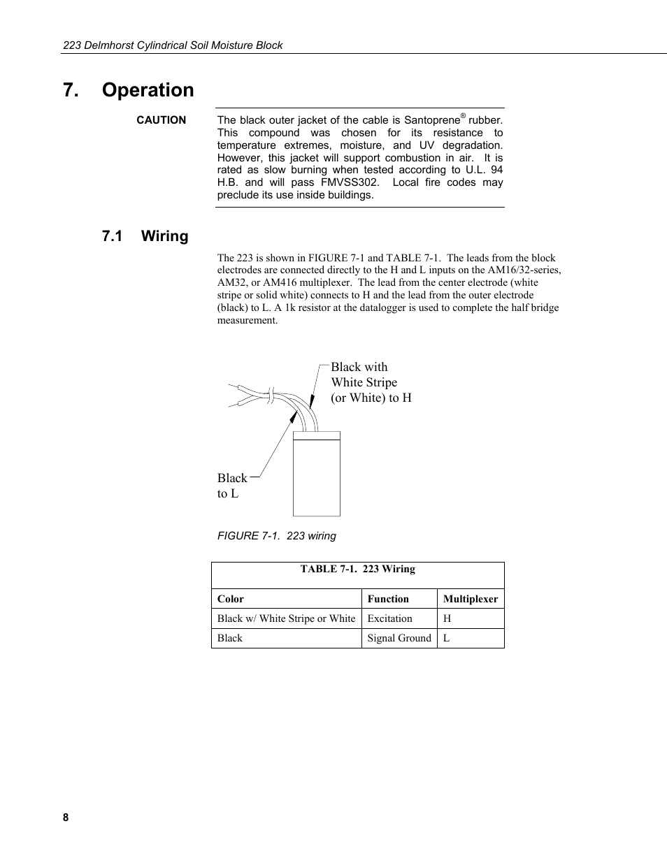 Operation, 1 wiring, Wiring | Campbell Scientific 223-L Delmhorst Cylindrical Soil Moisture Block User Manual | Page 14 / 28