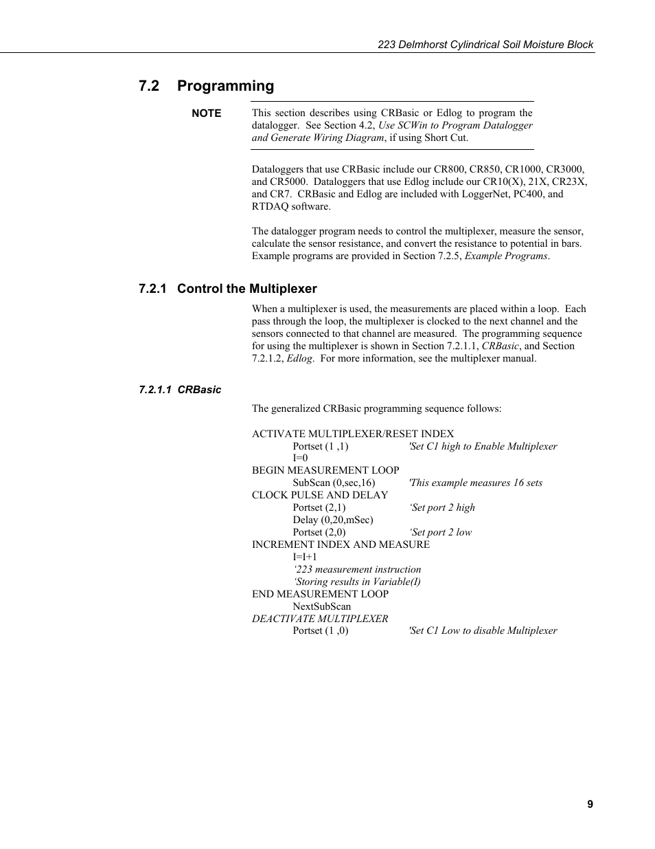 2 programming, 1 control the multiplexer, 1 crbasic | Programming, Control the multiplexer, Crbasic | Campbell Scientific 223-L Delmhorst Cylindrical Soil Moisture Block User Manual | Page 15 / 28
