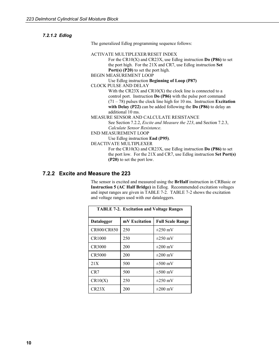 2 edlog, 2 excite and measure the 223, Edlog | Excite and measure the 223, 2. excitation and voltage ranges | Campbell Scientific 223-L Delmhorst Cylindrical Soil Moisture Block User Manual | Page 16 / 28