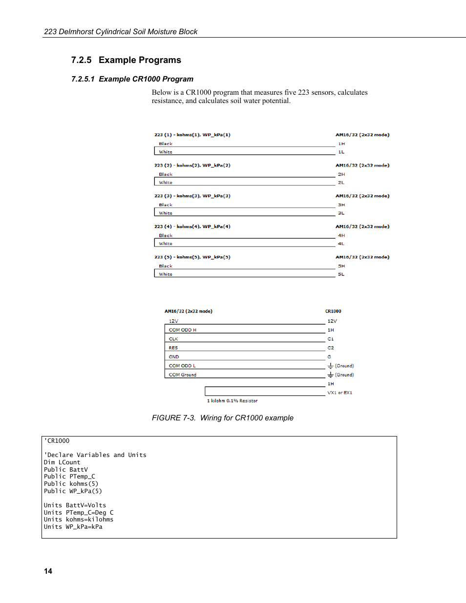 5 example programs, 1 example cr1000 program, Example programs | Example cr1000 program, 3. wiring for cr1000 example, N 7.2.5 | Campbell Scientific 223-L Delmhorst Cylindrical Soil Moisture Block User Manual | Page 20 / 28