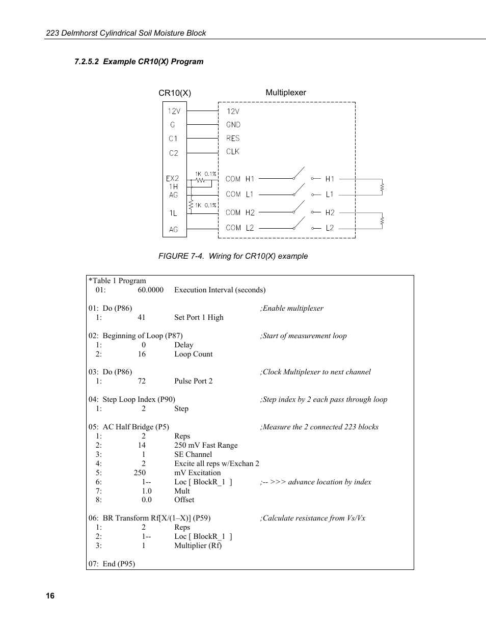 2 example cr10(x) program, Example cr10(x) program, 4. wiring for cr10(x) example | Campbell Scientific 223-L Delmhorst Cylindrical Soil Moisture Block User Manual | Page 22 / 28