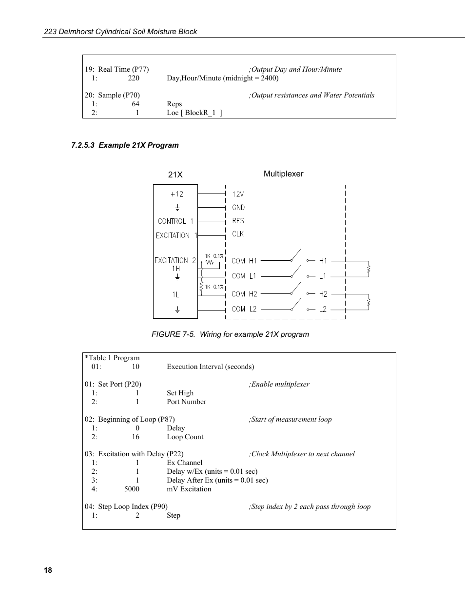 3 example 21x program, Example 21x program, 5. wiring for example 21x program | Campbell Scientific 223-L Delmhorst Cylindrical Soil Moisture Block User Manual | Page 24 / 28