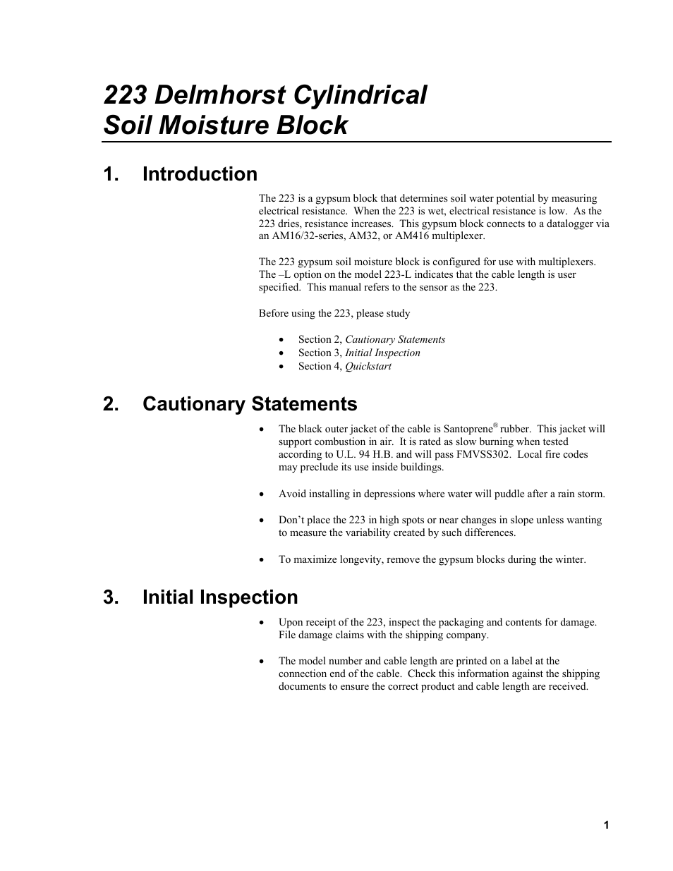 Introduction, Cautionary statements, Initial inspection | 223 delmhorst cylindrical soil moisture block | Campbell Scientific 223-L Delmhorst Cylindrical Soil Moisture Block User Manual | Page 7 / 28