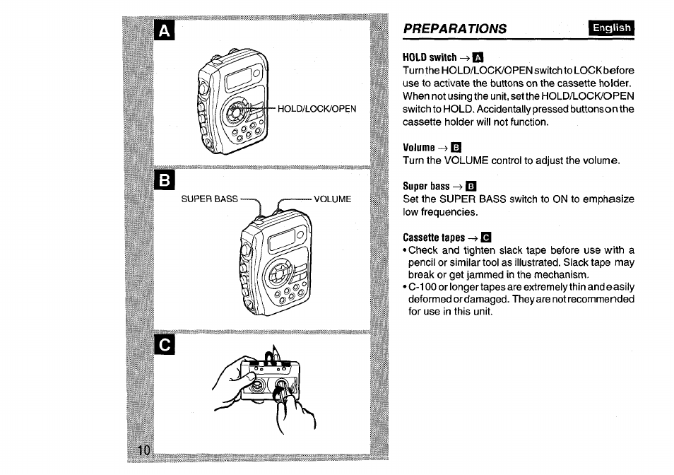 Hold switch, Volume -»el, Cassette tapes q | Aiwa HS-SP570 User Manual | Page 10 / 40