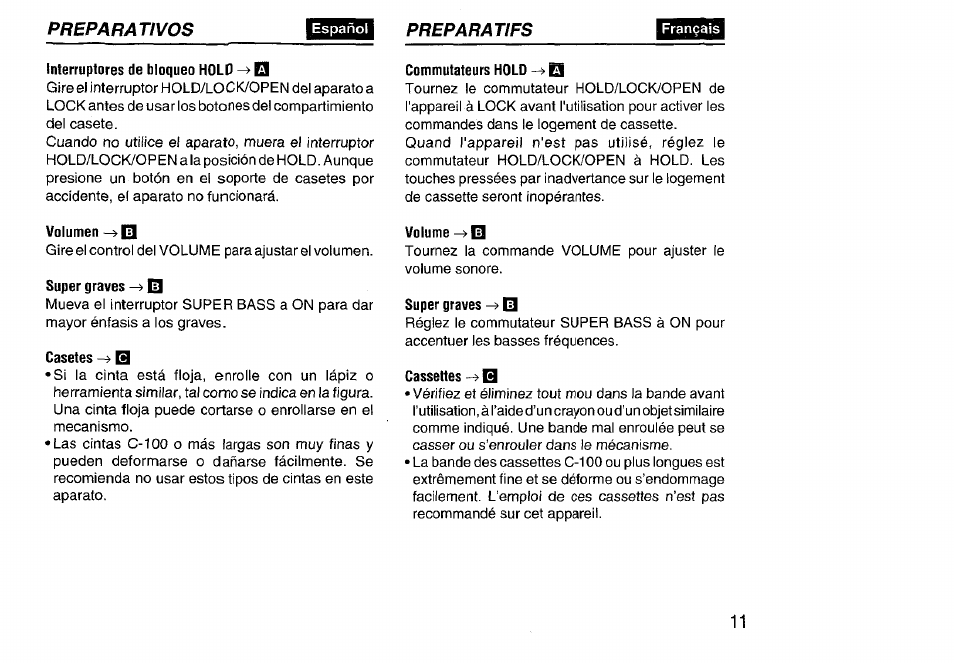 Interruptores de bloqueo holp, Super graves, Casetes —> b | Commutateurs hold q, Volume b, Super graves ^ b, Cassettes b | Aiwa HS-SP570 User Manual | Page 11 / 40