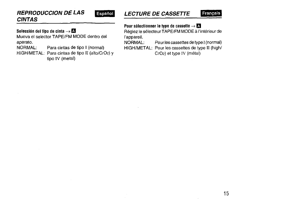 Selección del tipo de cinta | Aiwa HS-SP570 User Manual | Page 15 / 40