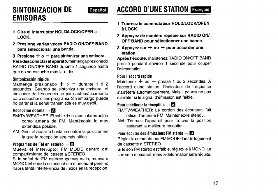 Sintonizacion de emisoras, Accord d’une station | Aiwa HS-SP570 User Manual | Page 17 / 40