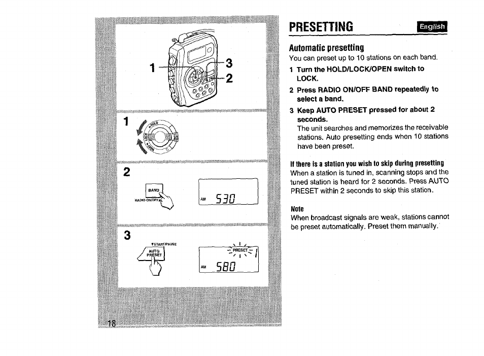 Automatic presetting, 1 turn the hold/lock/open switch to lock, 3 keep auto preset pressed for about 2 seconds | Note, Presetting | Aiwa HS-SP570 User Manual | Page 18 / 40