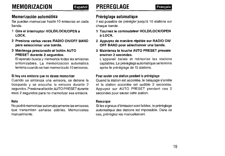 Memorización automática, Si hay una emisora que no desea memorizar, Nota | Préréglage automatique, Pour sauter une station pendant le préréglage, Remarque, Prereglage | Aiwa HS-SP570 User Manual | Page 19 / 40