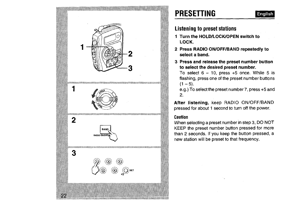 Listening to preset stations, 1 turn the hold/lock/open switch to lock, Caution | Presetting | Aiwa HS-SP570 User Manual | Page 22 / 40