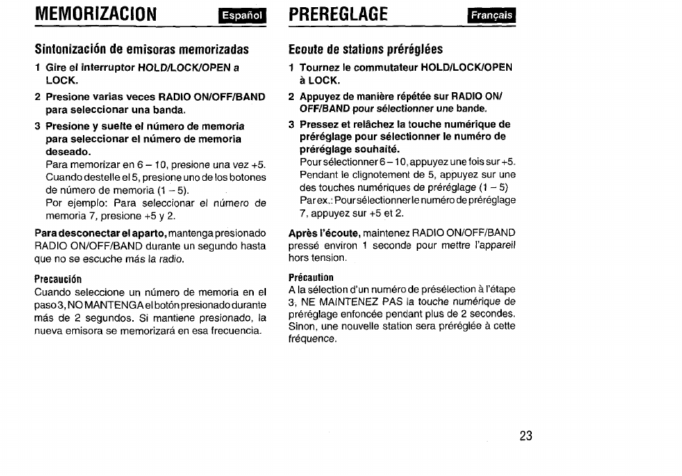 Sintonización de emisoras memorizadas, Precaución, Ecoute de stations préréglées | Précaution, Precautions, Precauciones, Prereglage | Aiwa HS-SP570 User Manual | Page 23 / 40