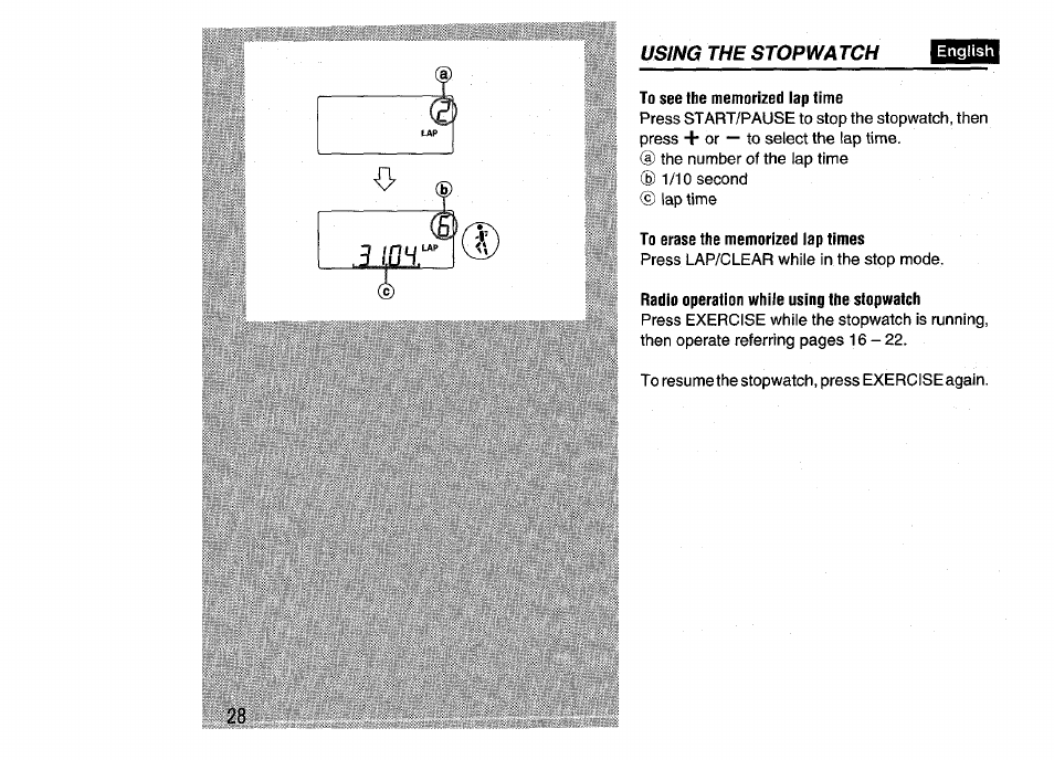 To see the memorized lap time, To erase the memorized lap times, Radio operation while using the stopwatch | Aiwa HS-SP570 User Manual | Page 28 / 40