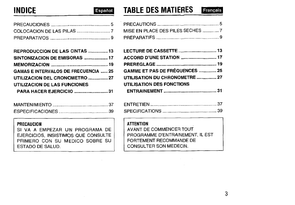 Indice, Table des matieres | Aiwa HS-SP570 User Manual | Page 3 / 40