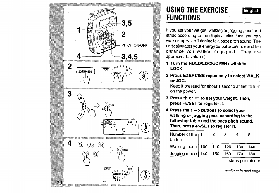 Using the exercise functions, 1 turn the hold/lock/open switch to lock, 2 press exercise repeatedly to select walk or jog | Aiwa HS-SP570 User Manual | Page 30 / 40