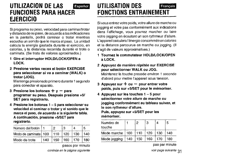 Utilizacion de las funciones para hacer ejercicio, Utilisation des, Fonctions entrainement | Utilizacion de las funciones, Para hacer ejercicio, Utilisation des ________ fonctions entrainement | Aiwa HS-SP570 User Manual | Page 31 / 40