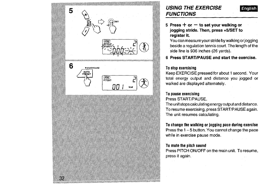 6 press start/pause and start the exercise, To stop exercising, To pause exercising | To mute the pitch sound | Aiwa HS-SP570 User Manual | Page 32 / 40