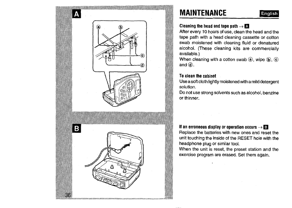 Cleaning the head and tape path ^ q, To clean the cabinet, If an erroneous display or operation occurs el | Maintenance | Aiwa HS-SP570 User Manual | Page 36 / 40