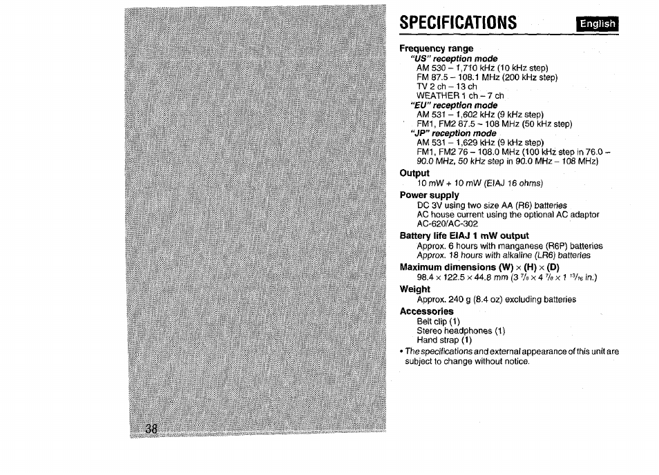 Specifications, Frequency range | Aiwa HS-SP570 User Manual | Page 38 / 40