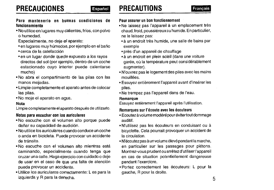 Pour assurer un bon fonctionnement, Precauciones, Precautions | Aiwa HS-SP570 User Manual | Page 5 / 40