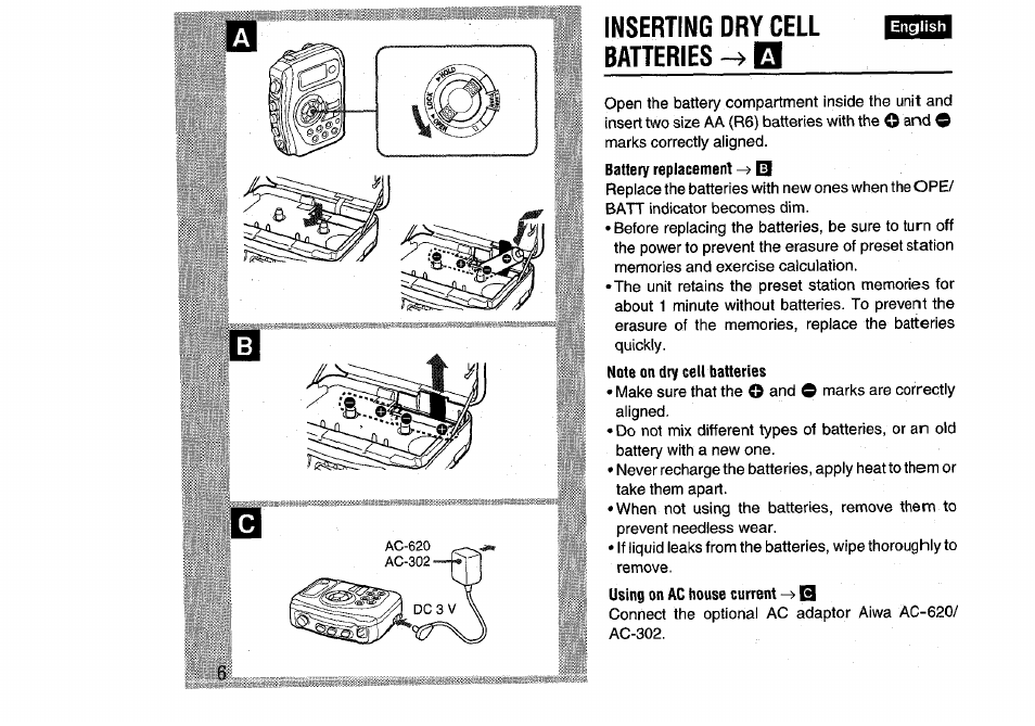 Inserting dry cell batteries | Aiwa HS-SP570 User Manual | Page 6 / 40